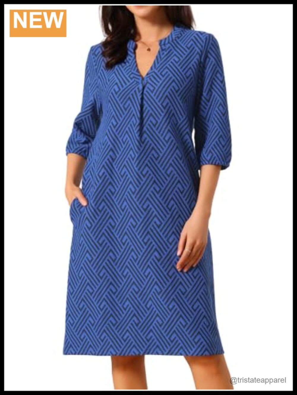 Women's 3/4 Sleeve V Neck Zigzag Print Loose Knee Length Dress with Pockets